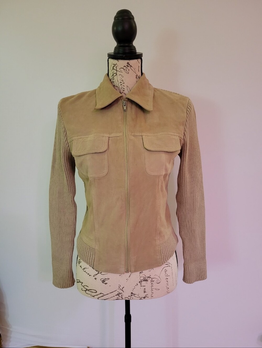 Women's Y2K Faux Suede Zip-Front Jacket with Knit Sleeves & Back